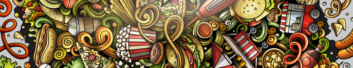 Fastfood hand drawn vector doodles illustration. Fast food banner design.
