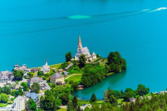 High angle view of church from Pyramidenkogel tower at Woerthersee