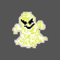 Fototapeta premium illustration vector graphic of flying ghost on brown background. Scary white ghost. Happy Halloween. Flying ghost pixel game style illustration. Game 8 bit style. vector pixel art design.