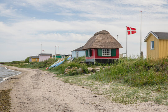 Denmark, Region of Southern Denmark, Marstal, Small beachside bathhouses