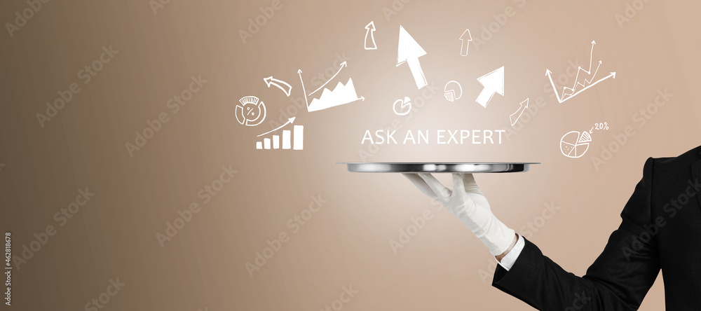 Poster wide image of businessman hand holding silver tray with business sketch and chart on pink background