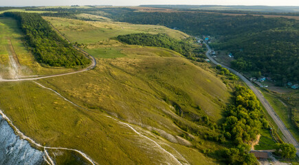 Top view a picturesque view from a drone of the chalk mountains of the Donskoy Belogorie - this is the name of the right bank of the middle Don. Voronezh region, Russia