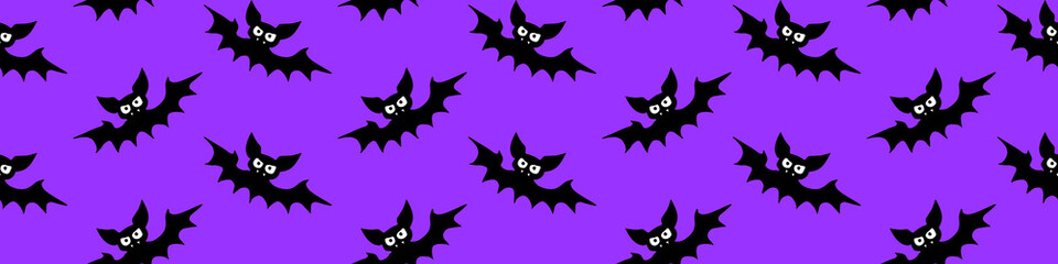 Flying bats seamless pattern. Cute Spooky vector Illustration. Halloween backgrounds and textures in flat cartoon gothic style. Black silhouettes animals on sky.