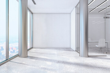 Fototapeta na wymiar Modern empty concrete interior with blank mock up place, window and city view. Minimalism and design concept. 3D Rendering.