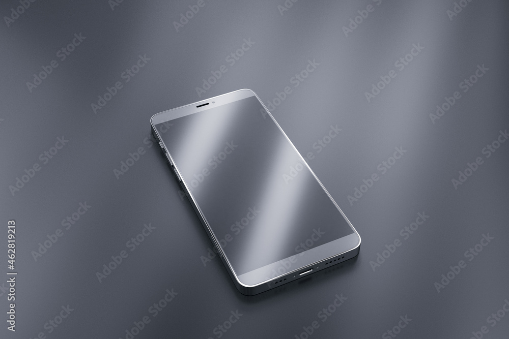 Poster empty smartphone with reflections on gray background. technology and device concept. 3d rendering.