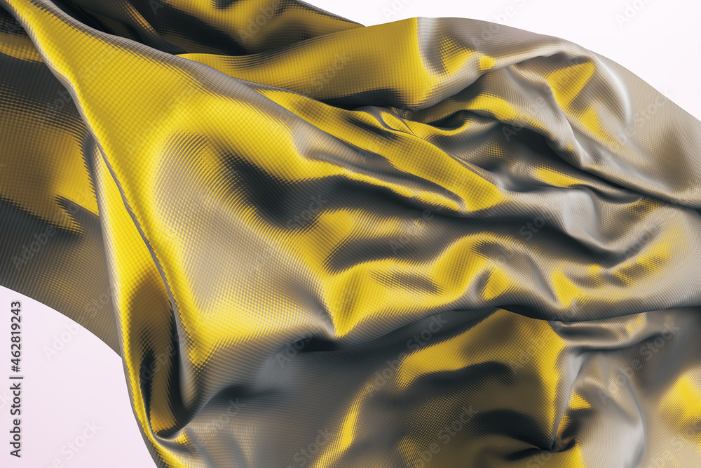 Poster beautiful shiny yellow cloth on white backdrop. design, fabric and landing page concept. 3d renderin