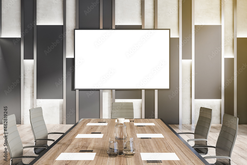 Poster modern meeting room interior with empty mock up banner on wall, table and chairs. workplace, present