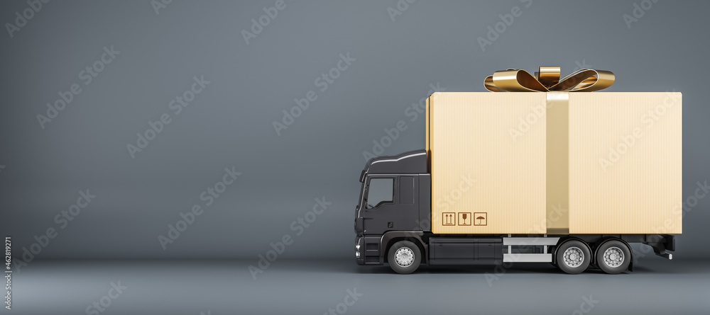 Poster truck delivering present on black background with mock up place for your advertisement. shipping ser