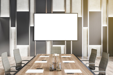 Modern meeting room interior with empty mock up banner on wall, table and chairs. Workplace, presentation, negotiation and design concept. 3D Rendering.
