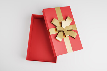 Top view of open red present box on white background. Birthday, wedding, anniversary and christmas celebration. 3D Rendering.
