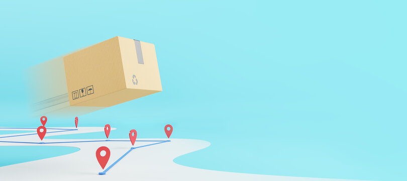 Abstract flying cardboard box above road with location pins on wide blue background with mockup place for your advertisement. Express delivery concept. Mock up, 3D Rendering.
