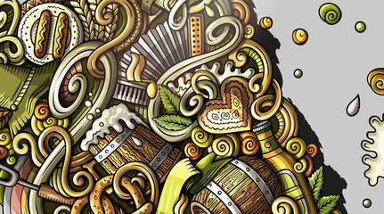 Beer Fest hand drawn doodle banner. Cartoon detailed flyer.