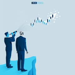 Fototapeta premium Businessman and Android robot character looking through telescope seeing success vision with arrow up. Financial, Return on investment ROI chart increase profit vector illustration concept.