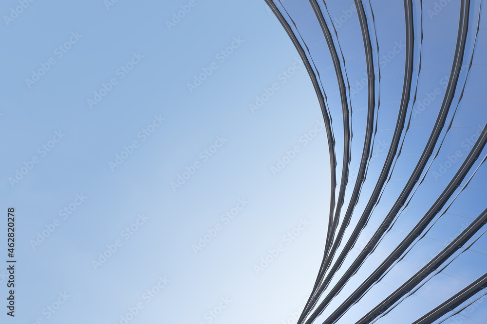 Poster Low angle view of futuristic architecture, Skyscraper of office building with curve glass window, 3D rendering.