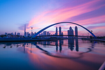 Beautiful Sunrise View of Tolerance Bridge in Dubai Canal