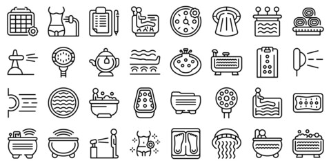 Hydro massage icons set outline vector. Aqua spa. Hydrotherapy park