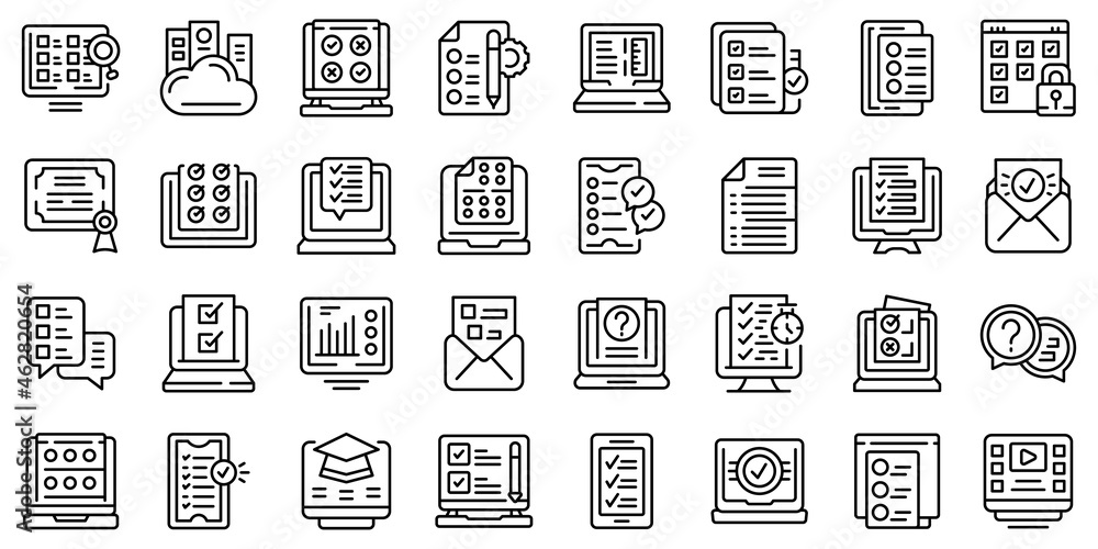 Poster online exam icons set outline vector. study class. exam test