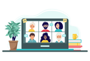 Online meeting via group call. Home office concept with laptop, plant and cup. Group of people doing video conference. Illustration in flat style. Stay at home. Self-isolation.