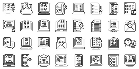 Online exam icons set outline vector. Study class. Exam test
