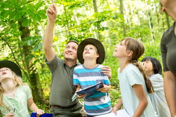 School children exploring the forest, teacher pointing up
