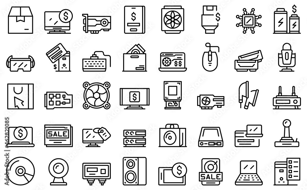 Poster computer store icons set outline vector. online store. web marketplace