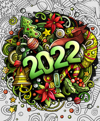 2022 hand drawn doodles illustration. New Year objects and elements poster