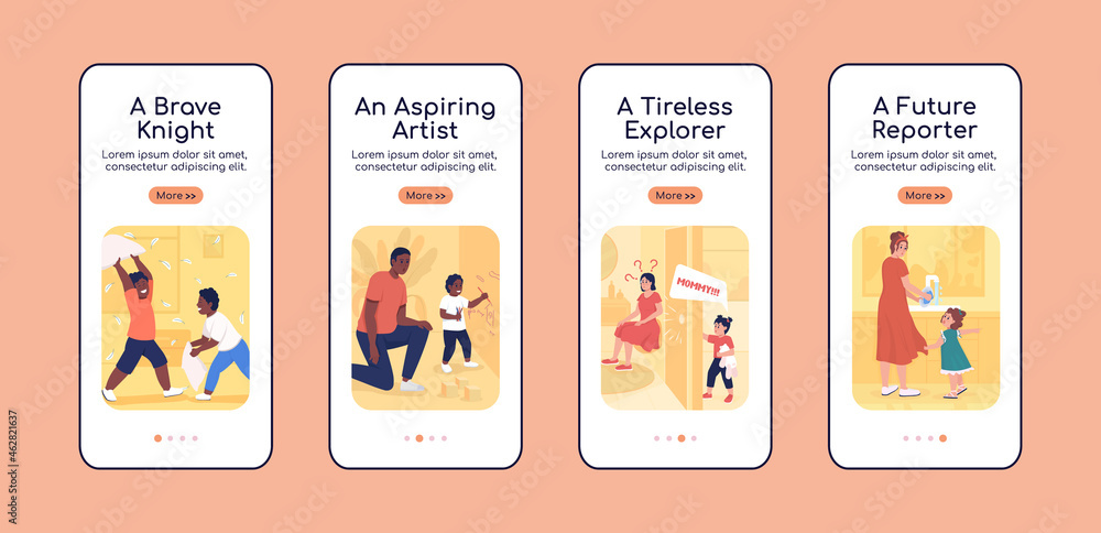 Poster children aspritation onboarding mobile app screen flat vector template. walkthrough website 4 steps 