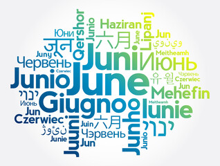 June in different languages of the world, word cloud concept background