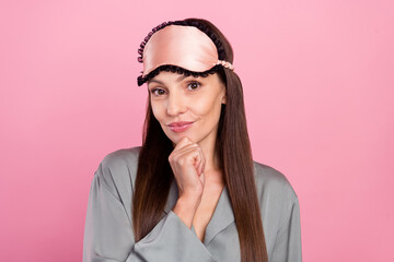 Photo of attractive mature woman happy positive smile hand touch chin bedtime nightwear isolated...