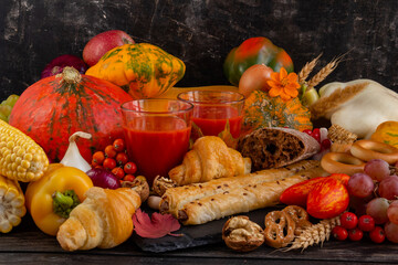 Obraz na płótnie Canvas Autumn composition, Thanksgiving or Halloween concept, still life with fruits, pumpkin, vegetables, bountiful harvest