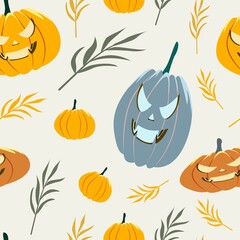 Vector seamless Halloween for Halloween theme. Seamless pattern with pumpkins and autumn leaves on white background. Suits for Decorative Paper, Packaging, Covers, Gift Wrap, etc.