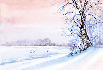 Beautiful winter landscape at sunset,  tree in  snow on  open glade covered with snow, horizon with trees, wasteland,  edge of  forest. Watercolor illustration.