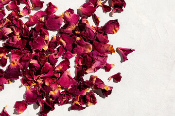 Dried purple rose petals on light background. Top view, copy space