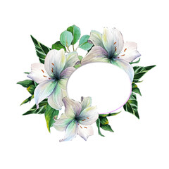 Wedding watercolor frame for text decorated lilies and green leaves