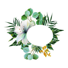 Floral frame with lilies flowers, mimosa, leaves for decor