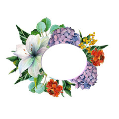Floral botanical frame with lily, mimosa, tropical leaves for beauty design. Wreath isolated for decoration