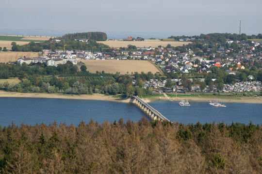 High angle view of bridge over sea against sky, Delecke, North Rhine Westphalia, Germany