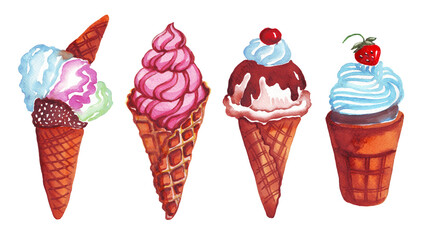 Ice cream set. Watercolor illustration. Hand drawn