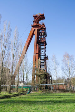 Germany, North Rhine-Westphalia, Kamen, Low angle view of abandoned shaft tower standing against clear sky