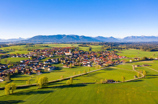Germany, Bavaria, Konigsdorf, Aerial view of village in Alpine Foothills in summer