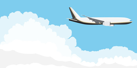 Airplane flying in blue sky with clouds