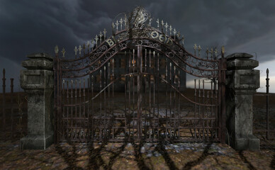 Dappled light through a bare tree shines over a closed iron gate of an abandoned and dilapidated spooky mansion with illuminated windows under a gloomy cloudy sky. 3D rendering. - obrazy, fototapety, plakaty