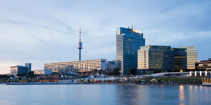Austria, Vienna, Copa Beach with Danube Tower and office skyscrapers in background