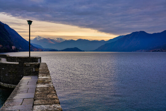 Lake Como at sunrise in winter, Lombardy, Italy