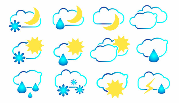 Vector flat, linear set of symbols and signs for weather forecast. Clouds, rain, sun, snowflakes, etc. are depicted. You can use elements in web design, banners, etc.