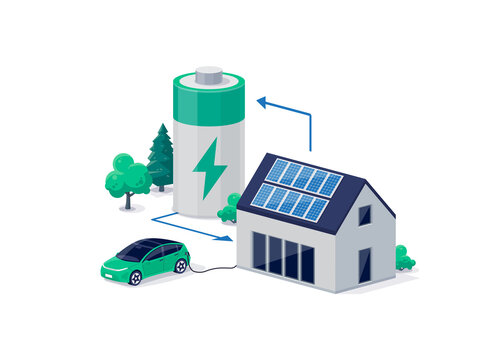 Home virtual battery energy storage with house photovoltaic solar panels on roof and rechargeable li-ion electricity backup. Electric car charging on renewable smart power island off-grid system.