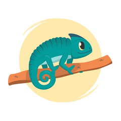 Cute smiling cartoon chameleon with curled tail on tree branch. African exotic lizard illustration. Vector flat design element