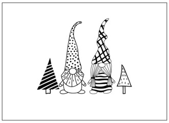 Greeting card with cute hand drawn gnomes and Christmas trees. Vector print in Scandinavian style