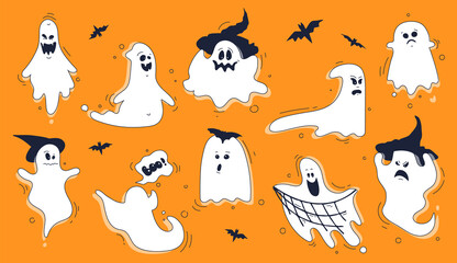 Festive Halloween set. Drawn vector ghosts in cartoon style with scary and cute faces. Illustration in white and dark colors on an orange background.