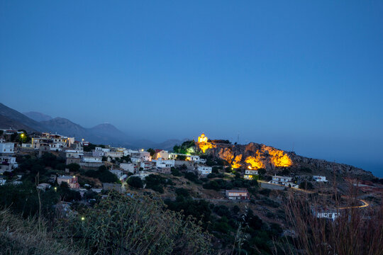Village view during blue hour at Greek island, Crete, Greece